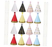 FRCOLOR 16 Pcs Birthday Party Cone Hats with Pom Poms Colorful Striped Hats for Adults Fun Headwear for Various Celebrations and Family Gatherings