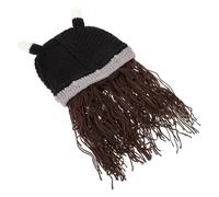 FRCOLOR 1PC Viking Hat with Ox Horns and Brown Beard Fun Party Prop for Halloween Cosplay and Themed Events Made From Lightweight Woolen Yarn for Comfort and Easy Storage