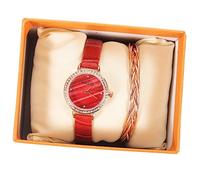 FRCOLOR 2-Piece Red Pu Leather Quartz Watch Set for Women Chic Alloy Bracelet Wristwatch Fashionable Mothers Day