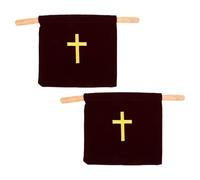 FRCOLOR 2pcs Church Tithe Offering Bags with Embroidered Cross - Velvet Communion Collection Pouches with Wooden Handles - 17x10 Baptismal and Church Giving Basket for Religious Services