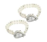 FRCOLOR 2pcs Elegant Heart-Shaped Small Wrist Watch with Double Row Elastic Faux Pearl Bracelet, White Imitation Pearl Alloy Chain, Versatile Accessory for Formal and Casual Occasions