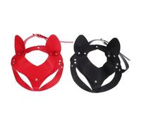 FRCOLOR 2pcs Punk Style Fake Leather Cat Ear Mask for Women Halloween Cosplay Party Half Face Animal Masks in Black and Red Fit for Masquerade and Costume Events