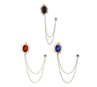 FRCOLOR 3pcs Gemstone Hanging Chain Brooch Set with Blue, Black, and Gold Red Stone Lapel Pins for Men’s Suit Accessories, Collar Chains for Prom and Formal Occasion