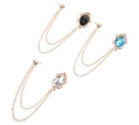 FRCOLOR 3pcs Men Suit Lapel Chain Brooch Set with Rhinestone and Metal Double Layered Tassel Chains, Vintage Style Collar Brooches for Formal Events and Proms with Secure Attachment