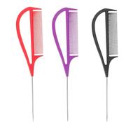 FRCOLOR 3Pcs Metal Hairdressing Combs with Rat Tail Handle for Salon Hair Sectioning, Long Pin Tail Styling Brushes in Purple, Black, and Red for Highlighting and Teasing