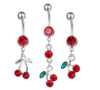 FRCOLOR 3pcs Stainless Steel Cherry Charm Navel Piercing Belly Ring with Rhinestone Crystal Embellishment, Lovely Red Cherry Belly Button Ring for Daily Wearing and Body Piercing