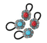 FRCOLOR 4pcs Boho Flower Hair Ties for Women Ethnic Style Elastic Ponytail Bands with Chinese-inspired Lotus Stone Beads Soft Stretchy No-damage Hair Accessories in Blue -day