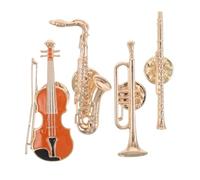 FRCOLOR 4pcs Music Themed Brooch Pin Set Retro Gold Metal Guitar Saxophone Flute Trumpet Notes Enamel Badges for Orchestra Fans Jazz Lovers Hat Lapel Decoration