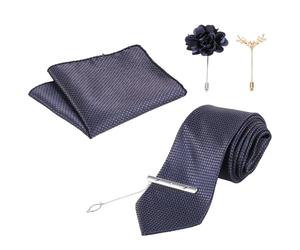FRCOLOR 5 Pcs Elegant Men's Tie Set with Blue Polyester Necktie, Pocket Square, Alloy Tie Clip and Lapel Pin Brooch in Present Box for Holidays and Outdoor Events, Polished Business Look