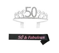 FRCOLOR 50th Birthday Sash and Headress Tiara Kit Silver Metal Crystal Crown Side Combs Party Etiquette Belt for Women Birthday