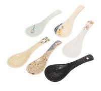 FRCOLOR 6pcs Japanese Retro Ceramic Soup Spoons Set with Assorted Blue, Black, Fish, Floral, Lotus Willow Patterns for Asian Cuisine, Ramen, Dessert, and Appetizer Serving