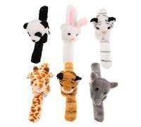 FRCOLOR 6pcs Plush Animal Slap Bracelets for Birthday Party Soft Stuffed Jungle Wristbands with Tiger Giraffe Rabbit Panda Elephant Easy Wear Snap Bands for Childrens Creative Play Zoo