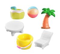 FRCOLOR 6pcs Resin Miniature Beach Scene Ornaments Summer Micro Landscape Decorations Coastal DIY Kits with Ball Bucket Palm Tree Lounge Chair Coconut Drink Log Table for Stylish Home