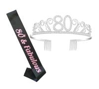 FRCOLOR 80th Birthday Party Sash with Crystal Rhinestone Crown Hair Comb Set, Elegant Etiquette Belt for Women’s Celebration Accessories