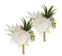 FRCOLOR Artificial and Realistic Attach with Easy Fabric Appearance 2pcs White Rose Boutonniere Lapel Flower Pins Plastic Material for Groom Men Wedding for Formal Events and Proms