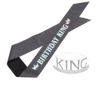 FRCOLOR Birthday King Crown and Sash for Men Silver-white Rhinestone Party Decor Elegant Tiara Headband and Shoulder Belt for Birthday Celebration Easy to Wear Accessories