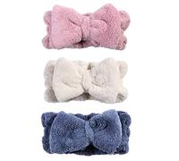 Frcolor Bowknot Hair Bands Elastic Coral Plush Make-up Face Wash Shower Headband for Women Girl 3Pcs (Blue Pink White)