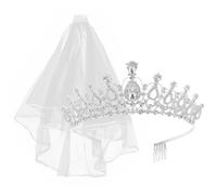 FRCOLOR Bride Headband Silver Crystal Tiara and Veil with Side Comb Costumes Hair Accessories for Wedding Bride Women Girls