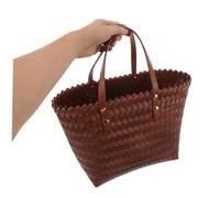 FRCOLOR Brown Handwoven PVC Beach Tote Bag with Faux Leather Shoulder Handle Lightweight Woven Shopping Purse for Women Vintage Bohemian Style Handbag for Travel and Daily Use