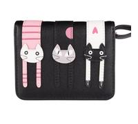 FRCOLOR Cat Pattern Short Zipper Wallet for Women Black PU Coin Purse with Multiple Compartments Cute and Ladies Purse for School Office and Daily Use