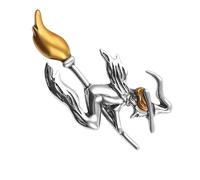 FRCOLOR Chic Witch Riding Broom Brooch Pin Costume Prop Decoration for Women Silver Alloy for Party and Banquet Accessories