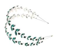 FRCOLOR Double Layer Green Crystal Bridal Hair Vine Headband Handcrafted Rhinestone Leaf Wedding Hairpiece for Women and Elegant European Style Accessories for Birthday Party and Special