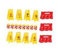 FRCOLOR Early Educational Traffic Road Sign Plastic Street Indicators with Yellow Crash Barrels English Warning Signs and Red Barricades for Cognitive Development and Role Play
