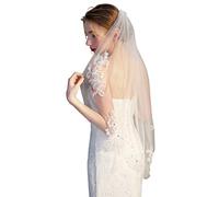 FRCOLOR Elegant Bridal Veil with Lace Appliques and Crystal Beads, Short Wedding Veil with Comb for Brides