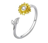 FRCOLOR Fashion Sunflower Adjustable Open Ring for Women Elegant Silver Flower Leaf Design for Parties and Everyday Wear Unique Women Jewelry