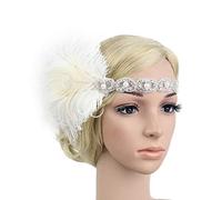 FRCOLOR Flapper Headband 1920s Gatsby Headdress Feathers Crystal Beaded Wedding Headpiece Elastic Headwear White