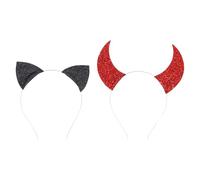 FRCOLOR Glitter Devil Horns Headband Cat Ears Headband Devil Headpiece Cosplay Head Accessories Halloween Fancy Dress Costume Set for Girls Women, 2PCS (Red, Black)