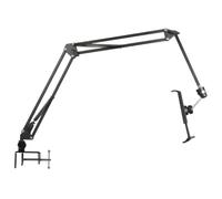 FRCOLOR Metal Folding Overhead Phone Holder with Dual Universal Tablet Support, Long Extendable Arm Bedside Phone Stand with Dual-use Base for Video Recording and Desktop Use