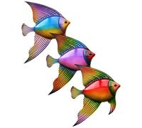 FRCOLOR Metal Iron Fish Wall Hanging Set, 3pcs Garden Wall Art Decor, Blue Purple Red Fish Sculptures, Seaside Beach Theme for Office and Patio