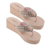 FRCOLOR Non-slip Pink Pearl Diamond Beach Wedge Flip Flops for Women Summer Outdoor Shoes Comfortable Anti-slip Sole
