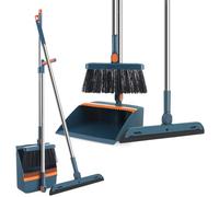FRCOLOR Pan and Brush Set Broom Dustpan Floor Squeegee Set, Stand up Broom and Dustpan with Teeth Folding Long Handle Silicone Wiper Upright Sweeping Tool Blue