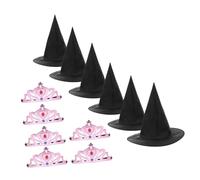 FRCOLOR Princess Crown and Witch Hat Set for Birthday Party Soft Pink Crowns and Lightweight Black Wizard Hats Comfortable Cosplay Accessories for Fairytale Roleplay and Dress Up Fun