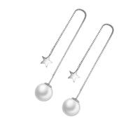 FRCOLOR Silver White Plated Long Tassel Pearl Drop Earrings for Women Elegant Star Design Lightweight Dangle Ear Line Jewelry