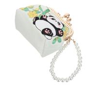 FRCOLOR Small Embroidered Purse with Flower Embroidery and Pearl Handle, Brocade Material with Secure Golden Edge, for Daily Errands Or Evening Events, Elegant Panda Shape Coin Purse