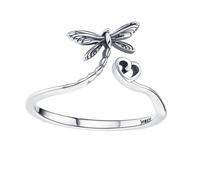 FRCOLOR Sterling Silver Dragonfly Open Ring for Women Creative Heart Shape Finger Band Jewelry Party Accessory Feminine Temperament Fashion Decor