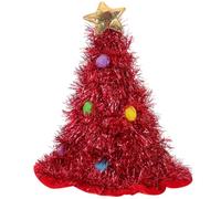 FRCOLOR Tinsel Christmas Tree Hat Large Red Santa Hat with Ornaments | Cone-shaped Novelty Holiday Headpiece for Ugly Sweater Parties Stage Performances