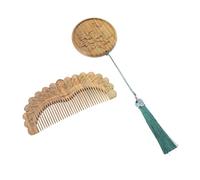 FRCOLOR Traditional Carved Comb Round Mirror Wooden Makeup Mirror Decorative Beauty Tool
