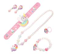 FRCOLOR Unicorn Jewelry Set for Little Slap Bracelet Wristwatch Necklace Earrings Ring Cute Birthday Party Favors Gift with Safe Durable Silicone Design