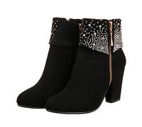 FRCOLOR Women Wedding Short Boots Thick Heel Black Water Diamond Ankle Booties Size 37 Chic High Heel Boots for Autumn Winter