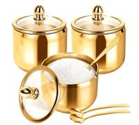 Frdhee 3 Set Sugar Bowl with Lid and Spoon, 8.5oz Stainless Steel Sugar Jar Salt Pot, Modern Gold Sugar Container Rustproof Condiment Pots for Seasoning Sugar Salt Coffee Bean