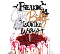 Freaking Cute Baby is on the Way Cake Topper, Halloween Spooky Theme Baby Shower Decorations, Spooky One Little Boo Almost Due Birthday Decoration Black Glitter