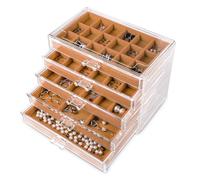 Frebeauty Acrylic Jewelry Organizer,Earring Organizer Box with 5 Drawers Clear Jewelry Box with Velvet Trays for Women,Stackable Earring Display Holder for Rings Studs and Bracelets(Khaki)