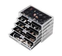 Frebeauty Acrylic Jewelry Organizer,Earring Organizer Box with 5 Drawers Clear Jewelry Box with Velvet Trays for Women,Stackable Earring Display Holder for Rings Studs and Bracelets(Black)