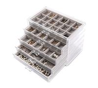 Frebeauty Acrylic Jewelry Organizer,Earring Organizer Box with 5 Drawers Clear Jewelry Box with Velvet Trays for Women,Stackable Earring Display Holder for Rings Studs and Bracelets(Grey)