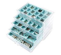 Frebeauty Acrylic Jewelry Organizer,Earring Organizer Box with 5 Drawers Clear Jewelry Box with Velvet Trays for Women,Stackable Earring Display Holder for Rings Studs and Bracelets(Turquoise)
