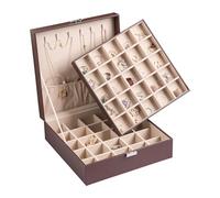 Frebeauty Classic 50 Compartments Jewelry Box for Earring Storage, Double Layer with 6 Necklace Hooks and Bracelet Pocket (Dark Brown)